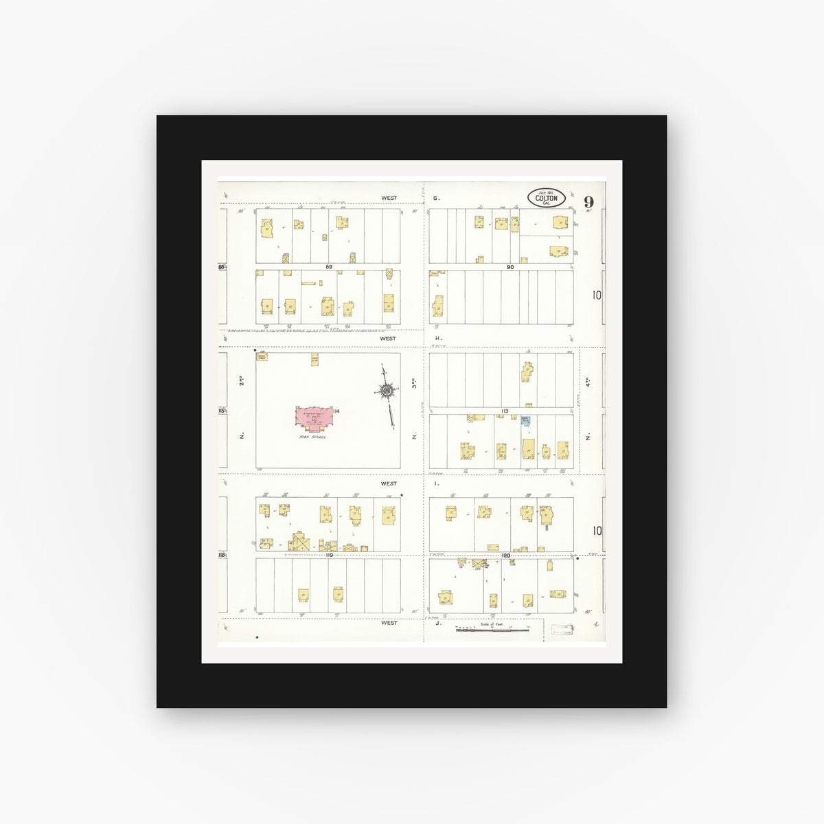Old map wall art mockup — black gallery frame with white mat — Sanborn Fire Insurance Map from Colton, San Bernardino County, California (1911), Sheet #0009