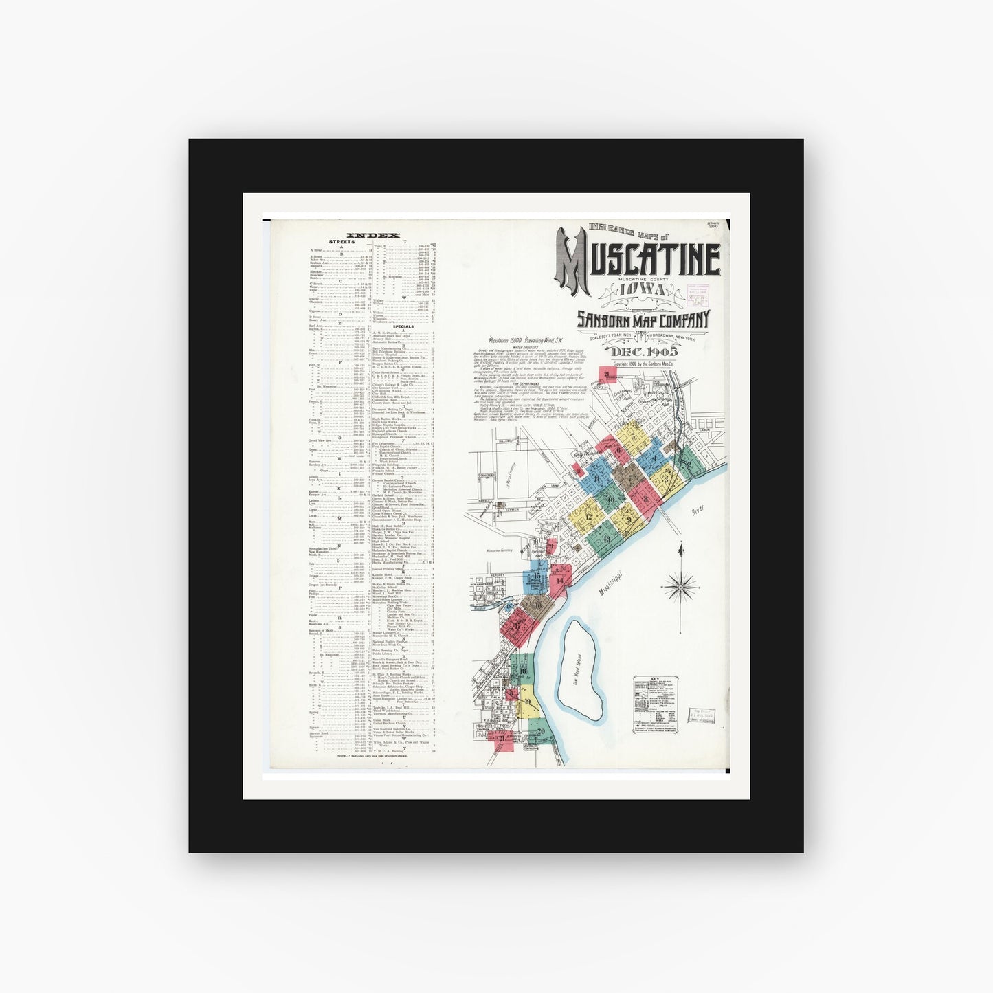 Old map wall art mockup — black gallery frame with white mat — Sanborn Fire Insurance Map from Muscatine, Muscatine County, Iowa (1905) — Complete Set