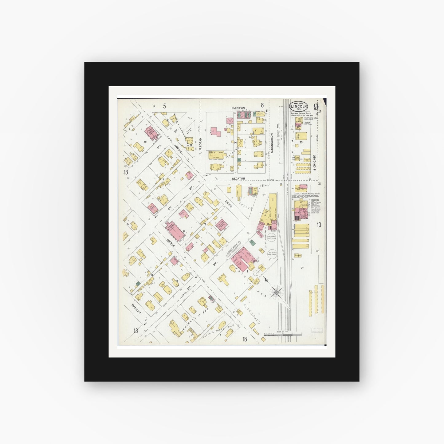 Old map wall art mockup — black gallery frame with white mat — Sanborn Fire Insurance Map from Lincoln, Logan County, Illinois (1902), Sheet #0009