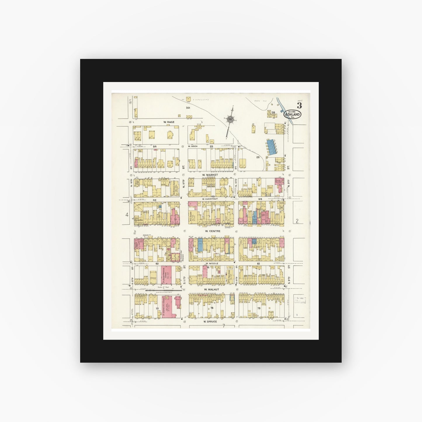 Old map wall art mockup — black gallery frame with white mat — Sanborn Fire Insurance Map from Ashland, Schuylkill County, Pennsylvania (1921), Sheet #0003