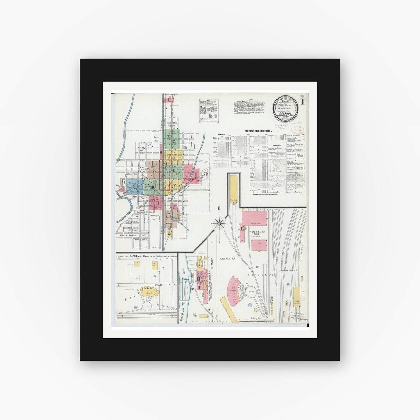 Old map wall art mockup — black gallery frame with white mat — Sanborn Fire Insurance Map from Delphos, Van Wert And Allen Counties, Ohio (1899), Sheet #0001