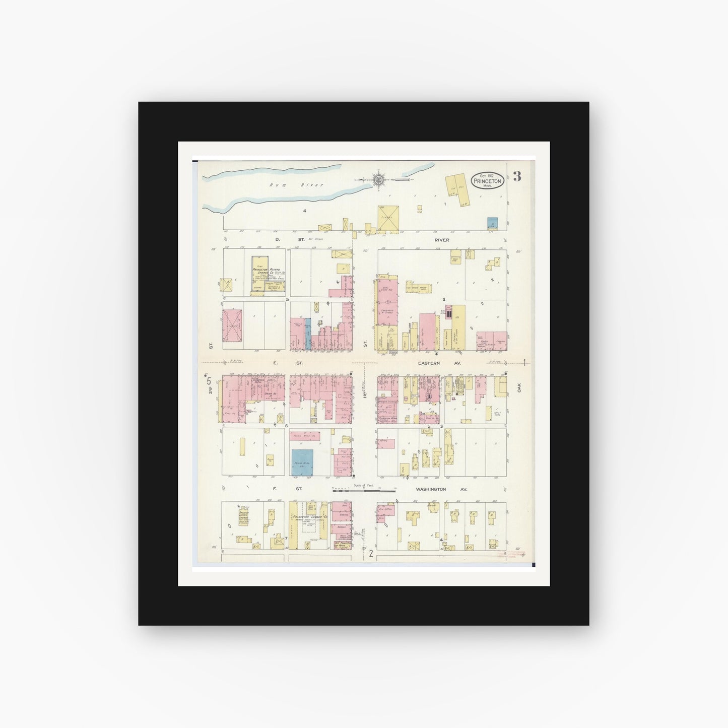 Old map wall art mockup — black gallery frame with white mat — Sanborn Fire Insurance Map from Princeton, Mille Lacs County, Minnesota (1912), Sheet #0003