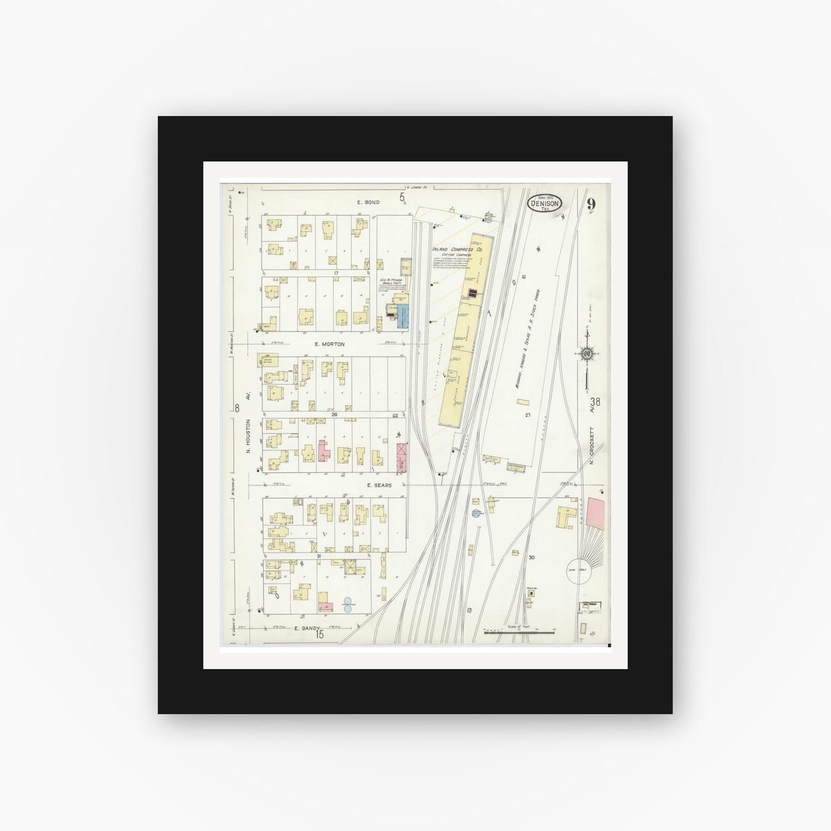 Old map wall art mockup — black gallery frame with white mat — Sanborn Fire Insurance Map from Denison, Grayson County, Texas (1914), Sheet #0009