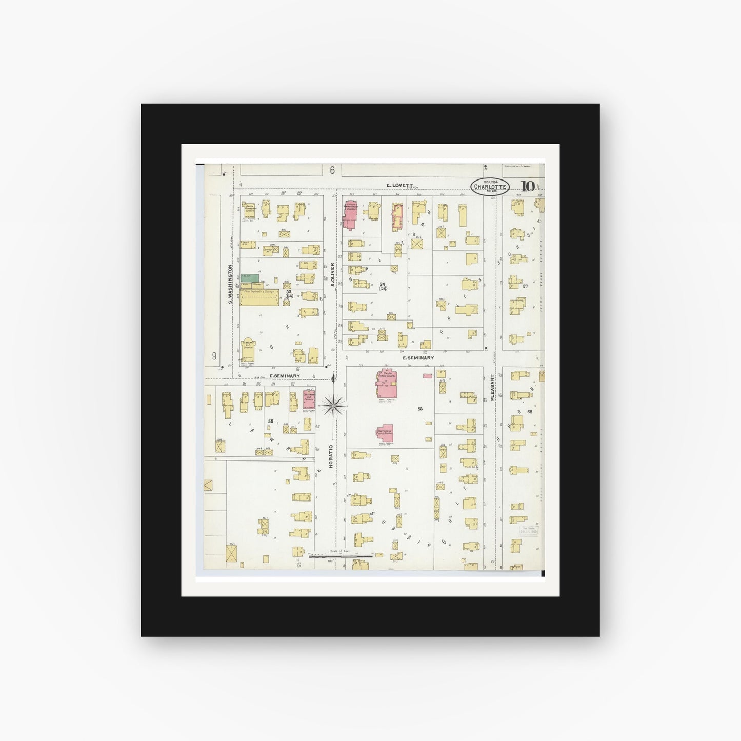 Old map wall art mockup — black gallery frame with white mat — Sanborn Fire Insurance Map from Charlotte, Eaton County, Michigan (1904), Sheet #0010