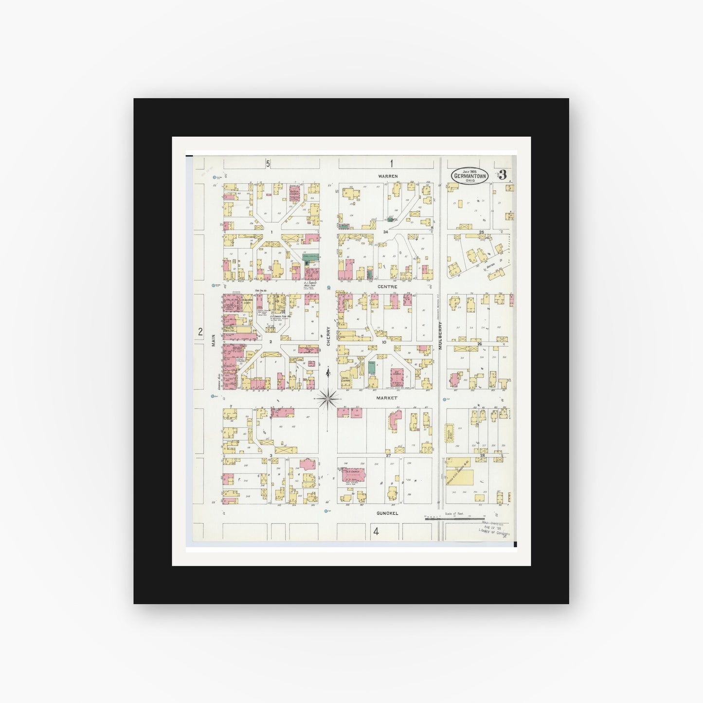 Old map wall art mockup — black gallery frame with white mat — Sanborn Fire Insurance Map from Germantown, Montgomery County, Ohio (1905), Sheet #0003