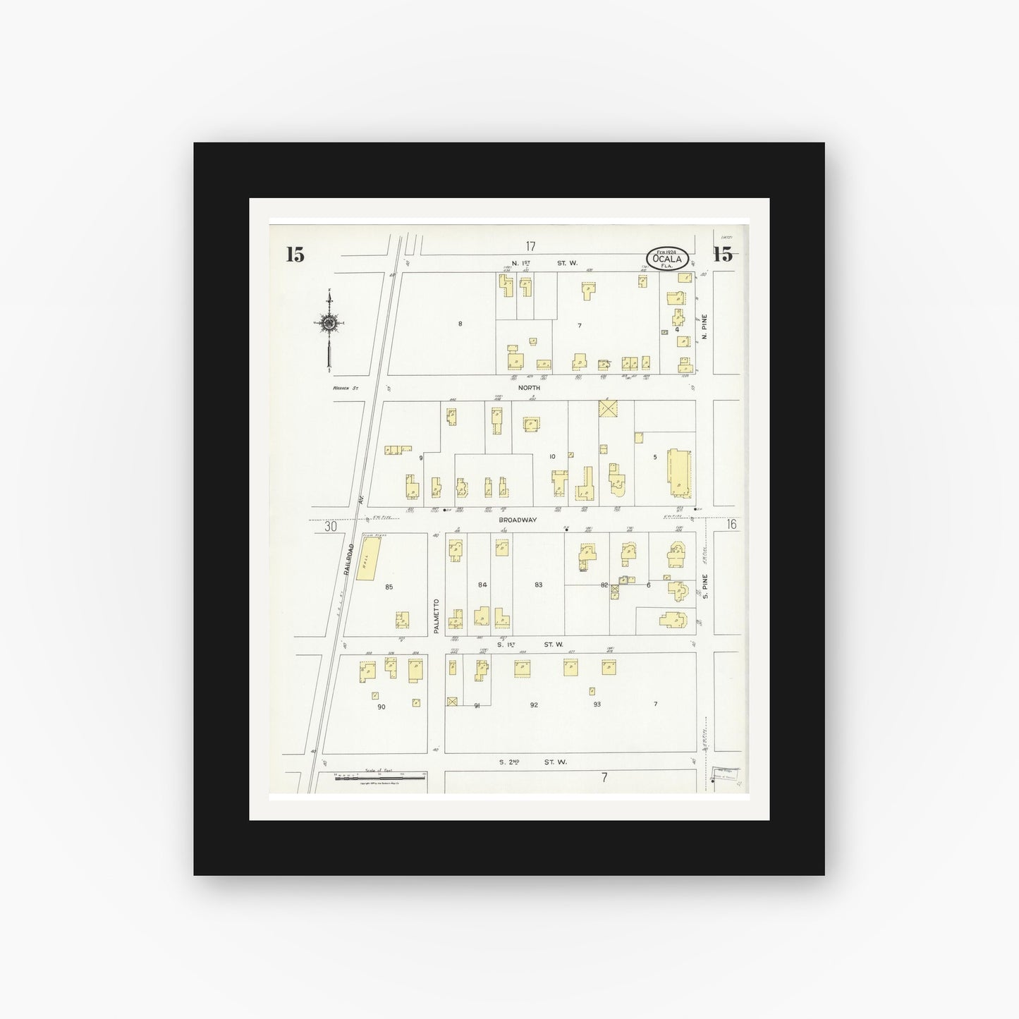 Old map wall art mockup — black gallery frame with white mat — Sanborn Fire Insurance Map from Ocala, Marion County, Florida (1924), Sheet #0015