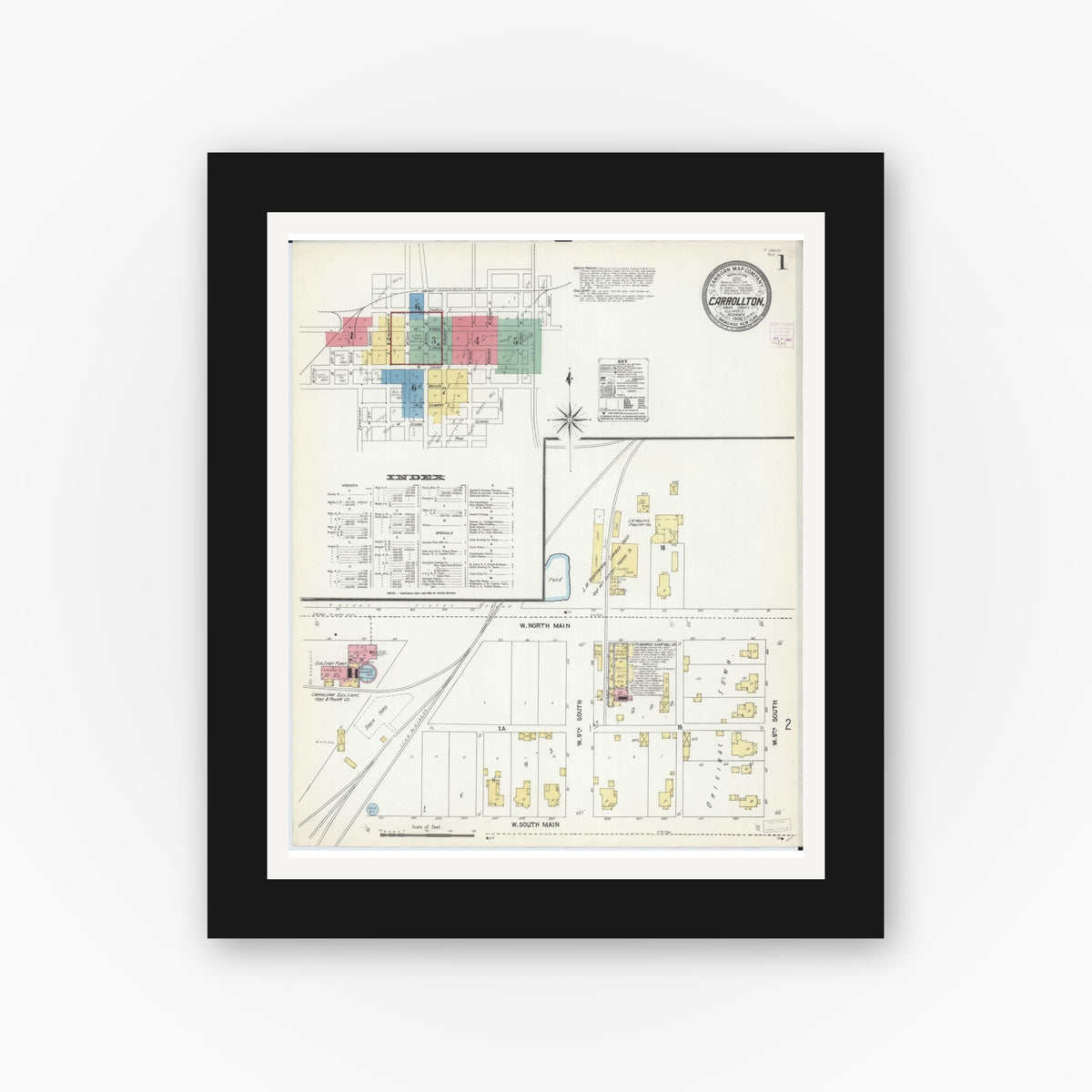 Old map wall art mockup — black gallery frame with white mat — Sanborn Fire Insurance Map from Carrollton, Greene County, Illinois (1906) - Complete Map Set