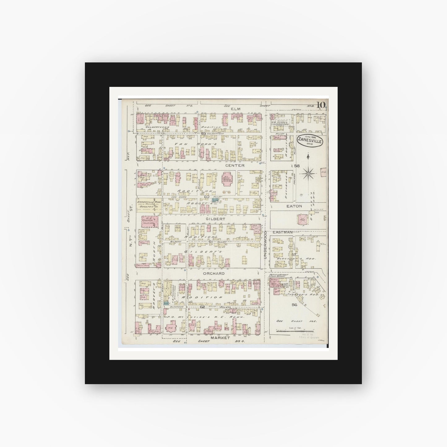 Old map wall art mockup — black gallery frame with white mat — Sanborn Fire Insurance Map from Zanesville, Muskingum County, Ohio (1886), Sheet #0010