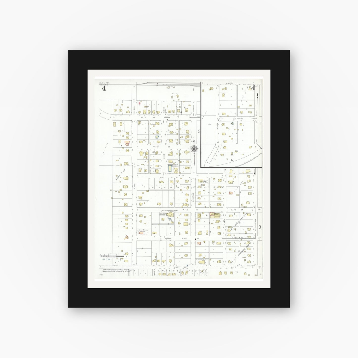 Old map wall art mockup — black gallery frame with white mat — Sanborn Fire Insurance Map from Irving, Dallas County, Texas (1942), Sheet #0004