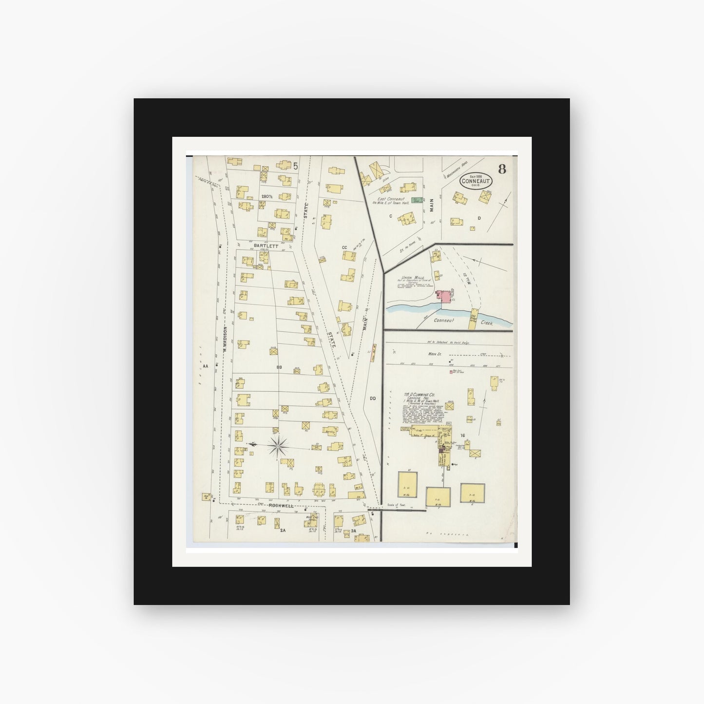 Old map wall art mockup — black gallery frame with white mat — Sanborn Fire Insurance Map from Conneaut, Ashtabula County, Ohio (1898), Sheet #0008