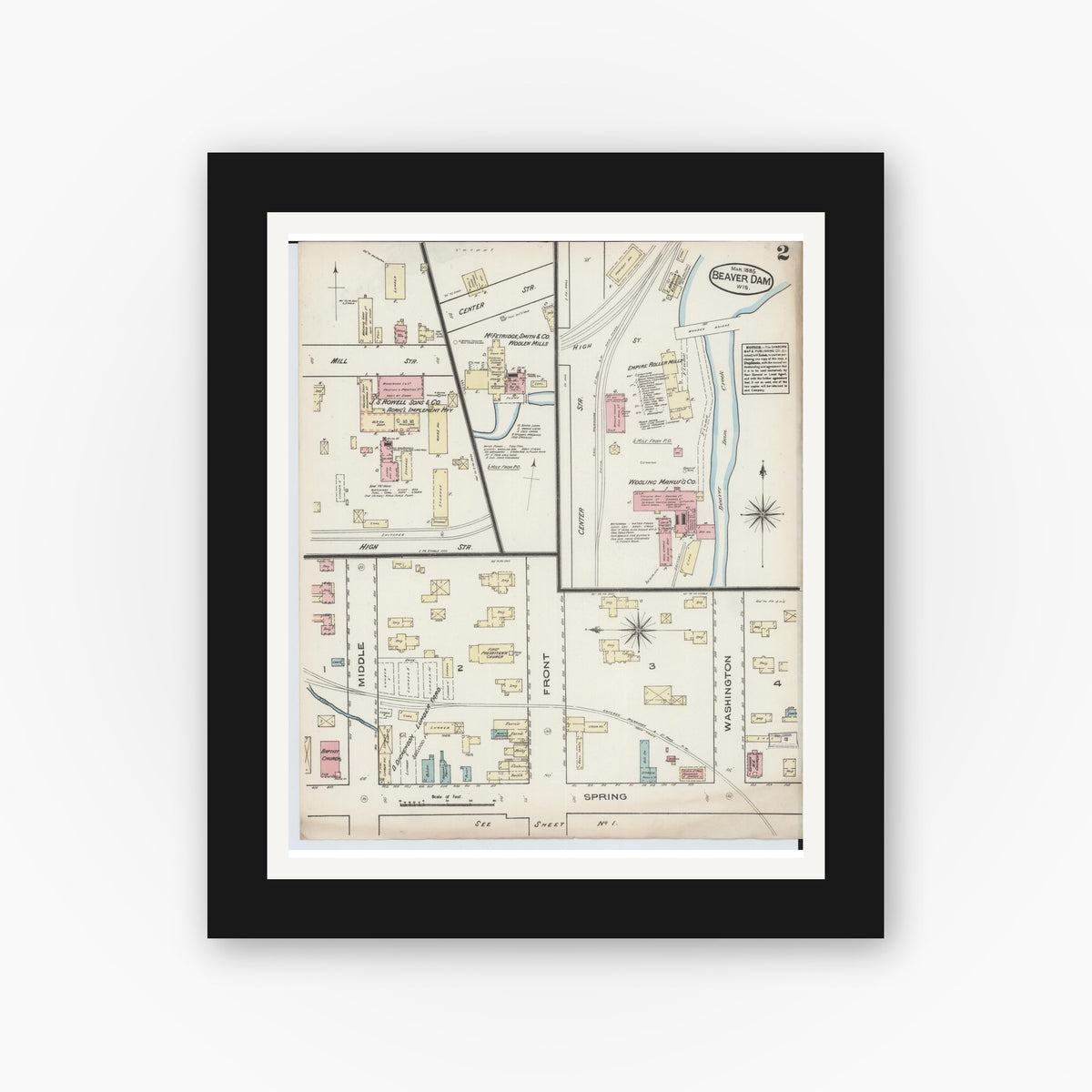 Old map wall art mockup — black gallery frame with white mat — Sanborn Fire Insurance Map from Beaver Dam, Dodge County, Wisconsin (1885), Sheet #0002
