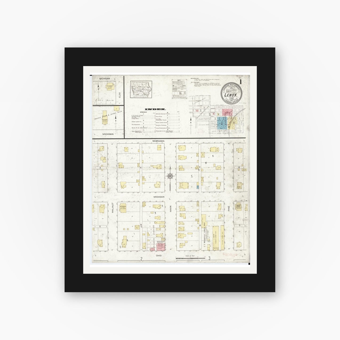 Old map wall art mockup — black gallery frame with white mat — Sanborn Fire Insurance Map from Lenox, Taylor County, Iowa (1912), Sheet #0001
