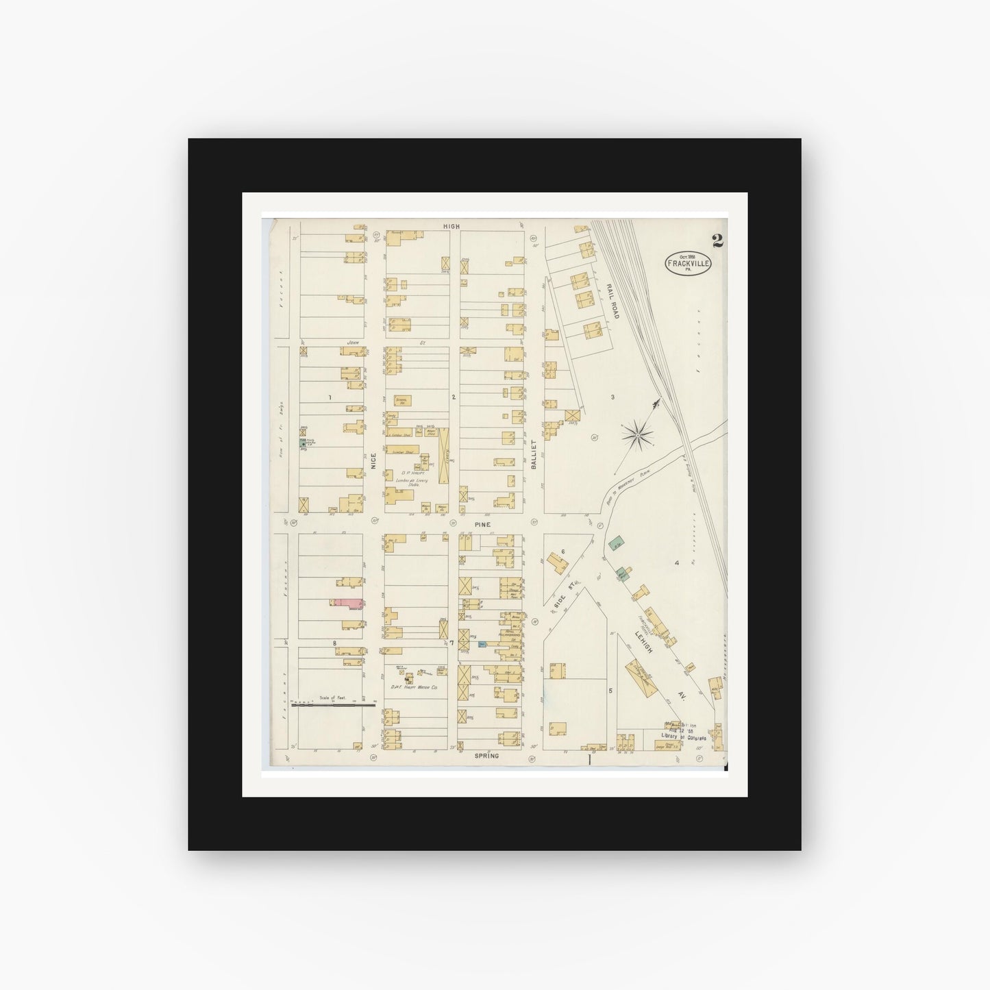 Old map wall art mockup — black gallery frame with white mat — Sanborn Fire Insurance Map from Frackville, Schuylkill County, Pennsylvania (1898), Sheet #0002