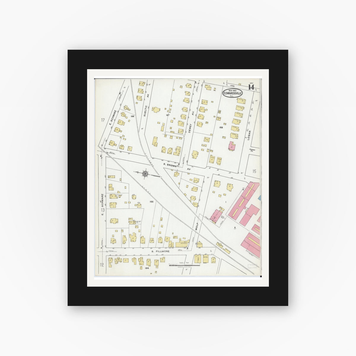 Old map wall art mockup — black gallery frame with white mat — Sanborn Fire Insurance Map from Edwardsville, Madison County, Illinois (1921), Sheet #0014