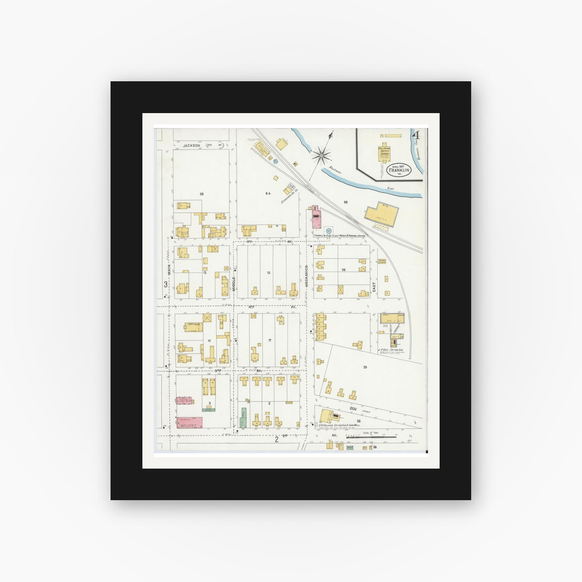 Old map wall art mockup — black gallery frame with white mat — Sanborn Fire Insurance Map from Franklin, Independent Cities, Virginia (1907), Sheet #0004