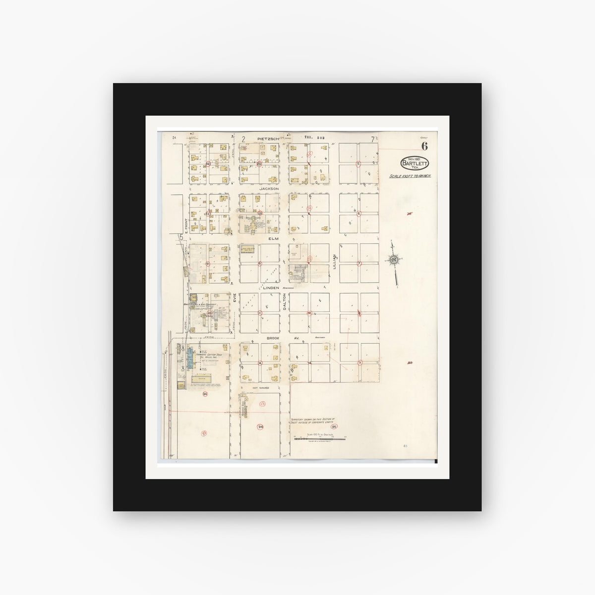 Old map wall art mockup — black gallery frame with white mat — Sanborn Fire Insurance Map from Bartlett, Bell and Williamson Counties, Texas (1940), Sheet #0006