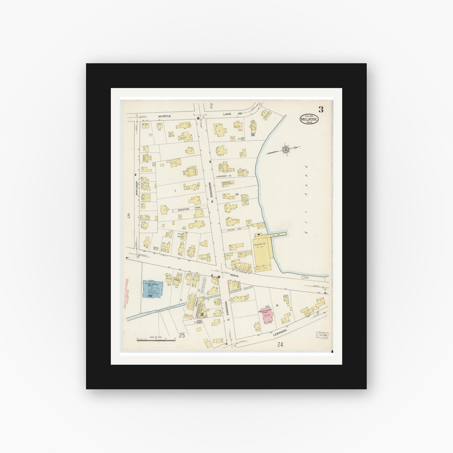 Old map wall art mockup — black gallery frame with white mat — Sanborn Fire Insurance Map from Melrose, Middlesex County, Massachusetts (1915), Sheet #0003