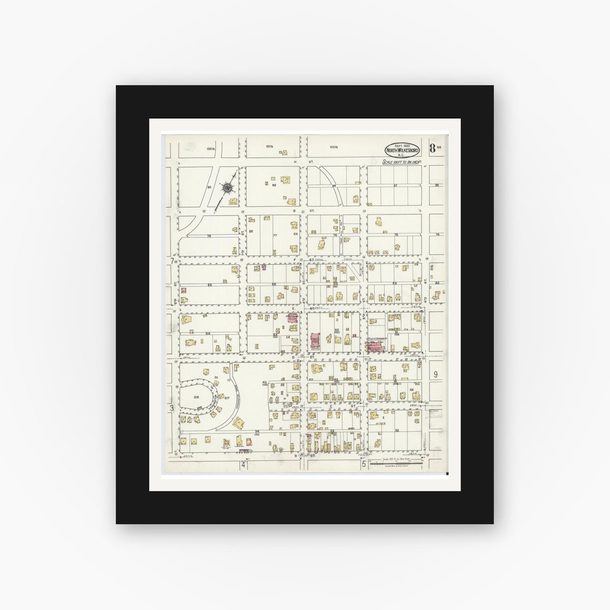 Old map wall art mockup — black gallery frame with white mat — Sanborn Fire Insurance Map from North Wilkesboro, Wilkes County, North Carolina (1920), Sheet #0008