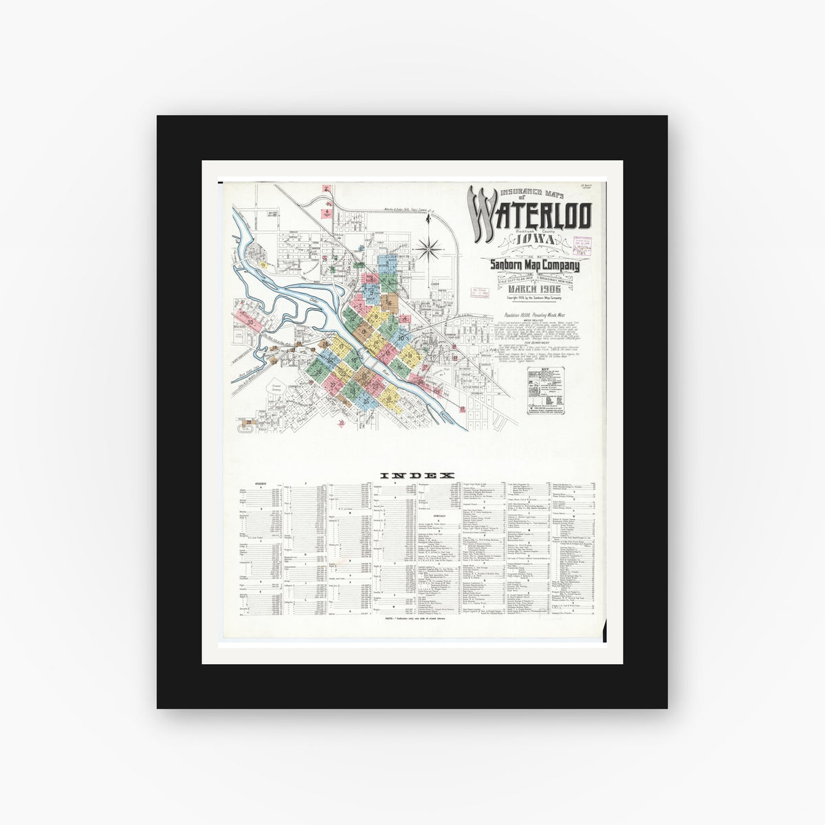 Old map wall art mockup — black gallery frame with white mat — Sanborn Fire Insurance Map from Waterloo, Black Hawk County, Iowa (1906), Sheet #0001