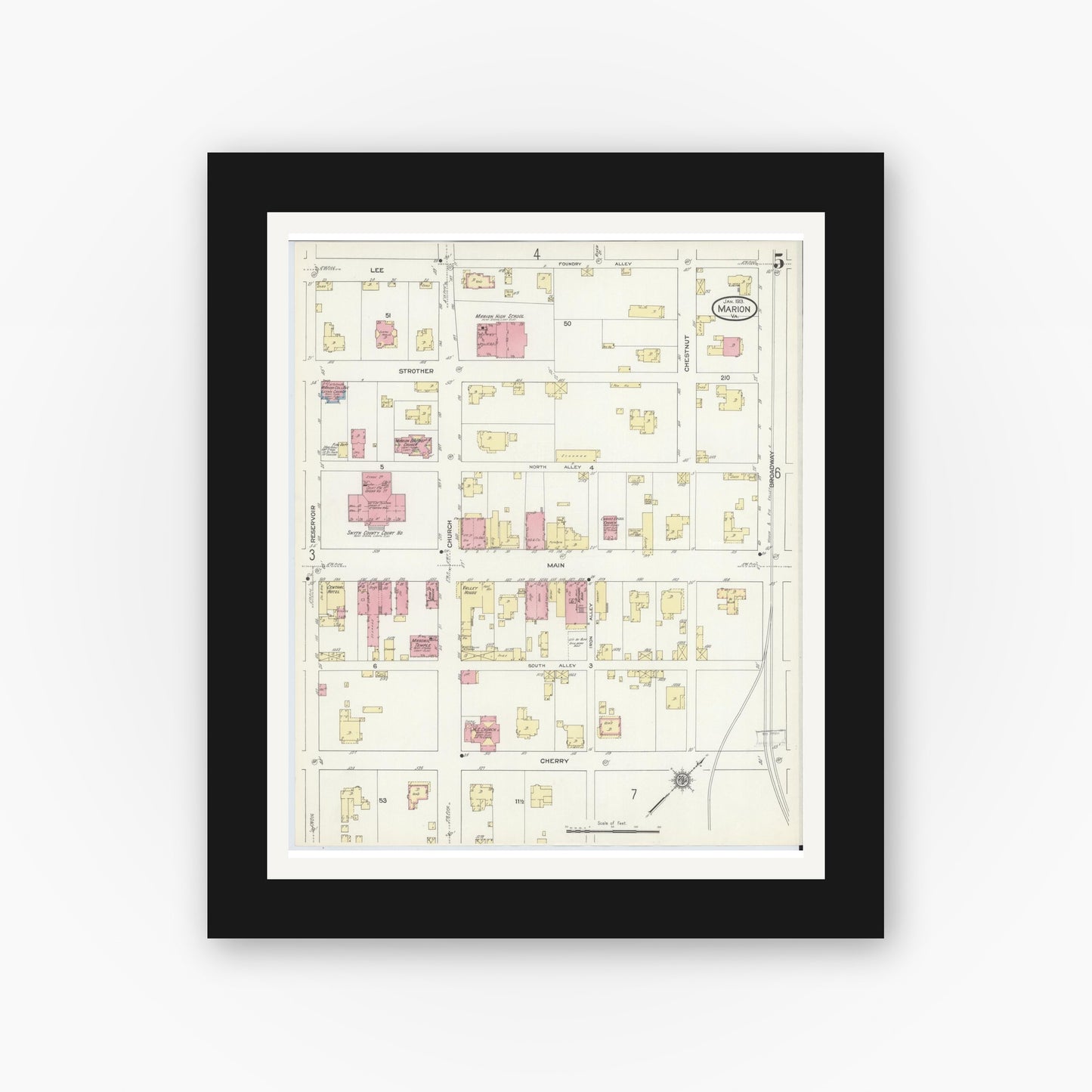 Old map wall art mockup — black gallery frame with white mat — Sanborn Fire Insurance Map from Marion, Smyth County, Virginia (1913), Sheet #0005