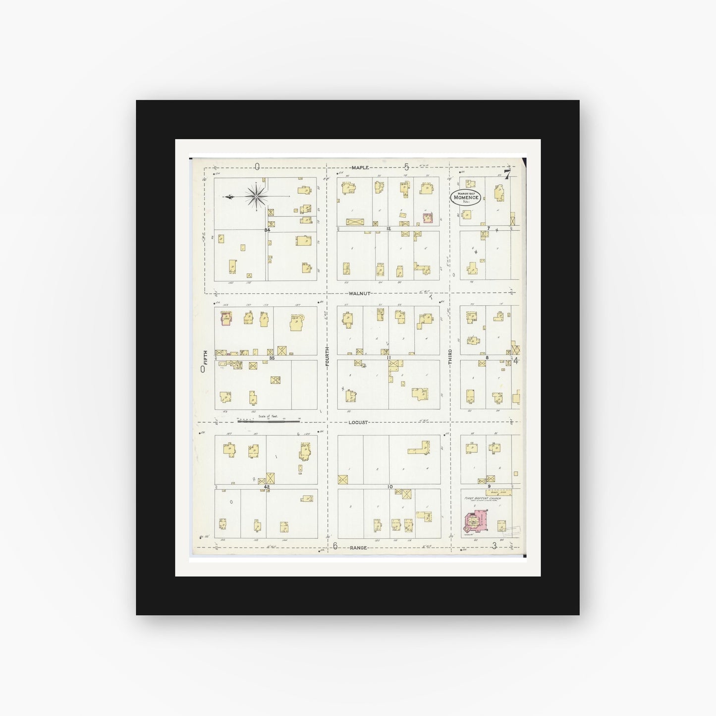 Old map wall art mockup — black gallery frame with white mat — Sanborn Fire Insurance Map from Momence, Kankakee County, Illinois (1907), Sheet #0007