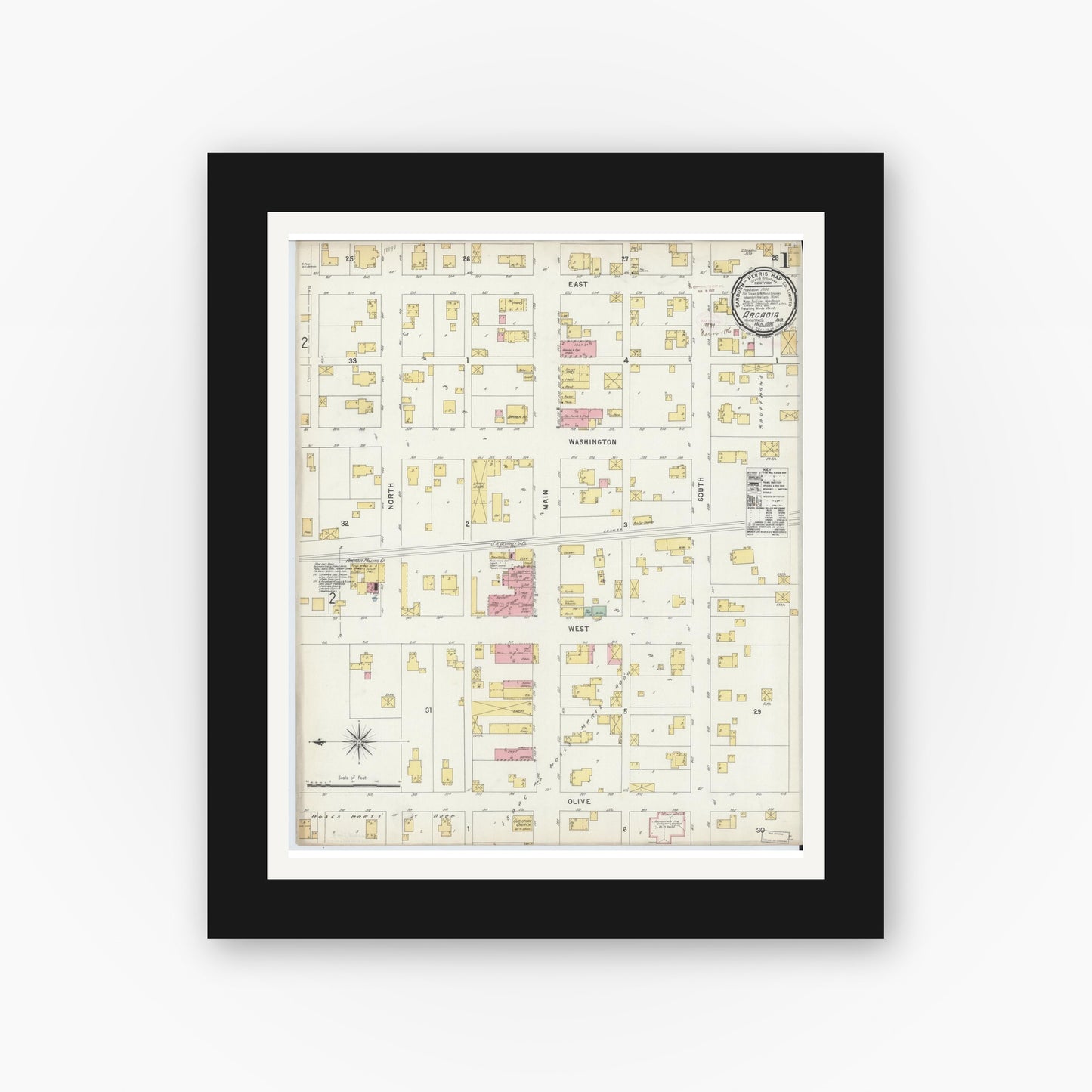 Old map wall art mockup — black gallery frame with white mat — Sanborn Fire Insurance Map from Arcadia, Hamilton County, Indiana (1896) - Complete Map Set