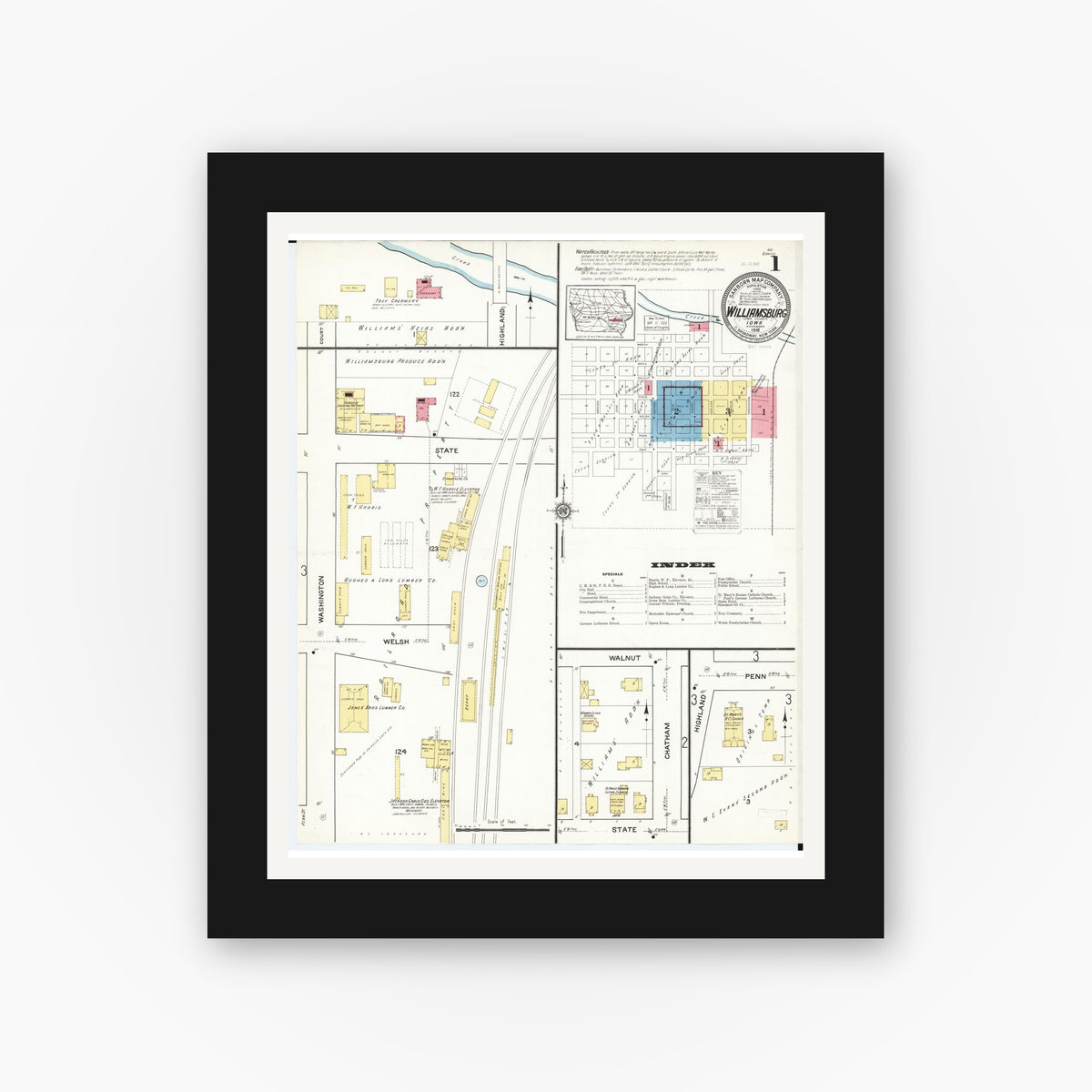 Old map wall art mockup — black gallery frame with white mat — Sanborn Fire Insurance Map from Williamsburg, Iowa County, Iowa (1916), Sheet #0001