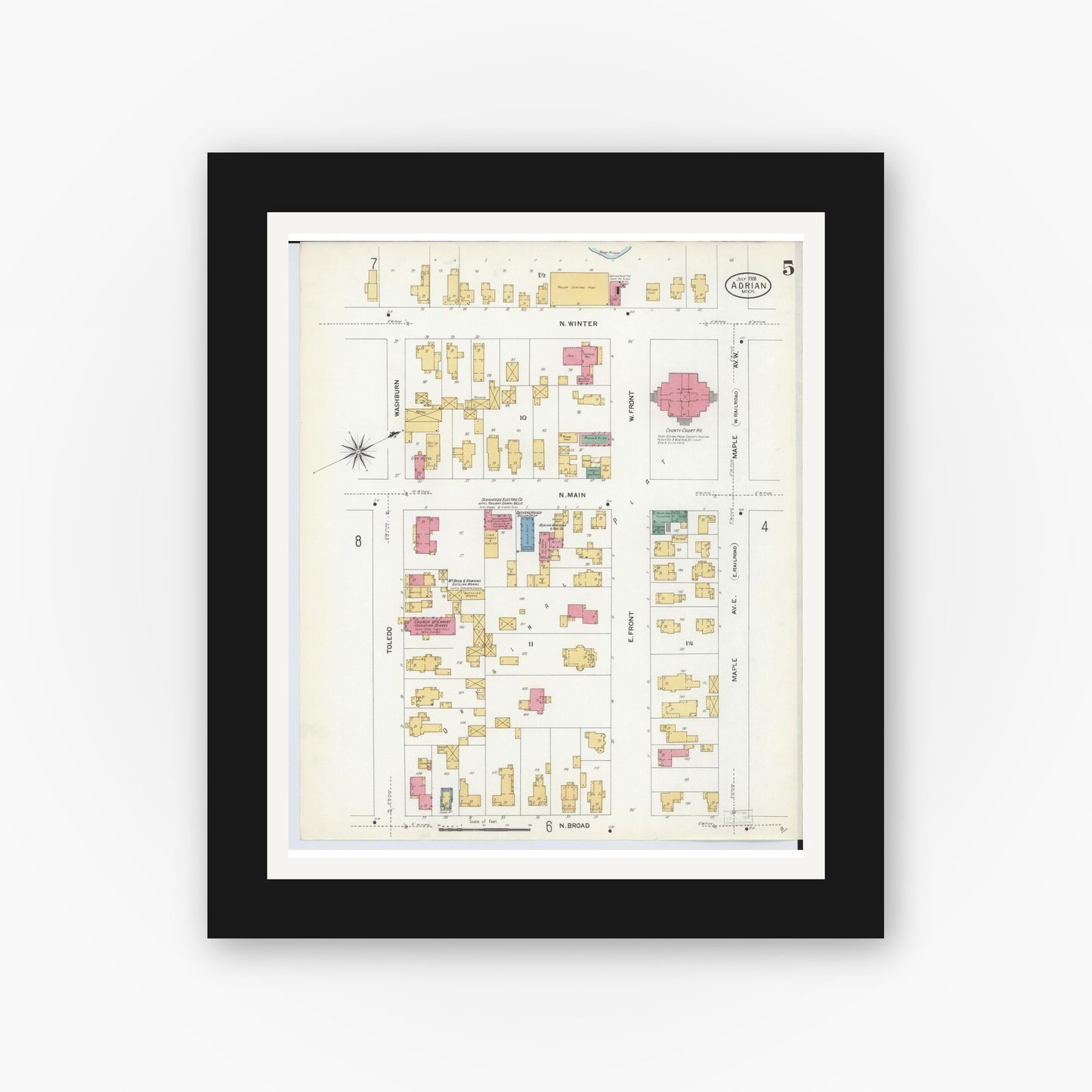 Old map wall art mockup — black gallery frame with white mat — Sanborn Fire Insurance Map from Adrian, Lenawee County, Michigan (1908), Sheet #0005