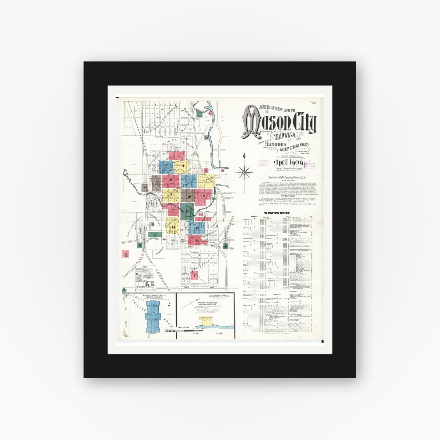 Old map wall art mockup — black gallery frame with white mat — Sanborn Fire Insurance Map from Mason City, Cerro Gordo County, Iowa (1909) — Complete Set