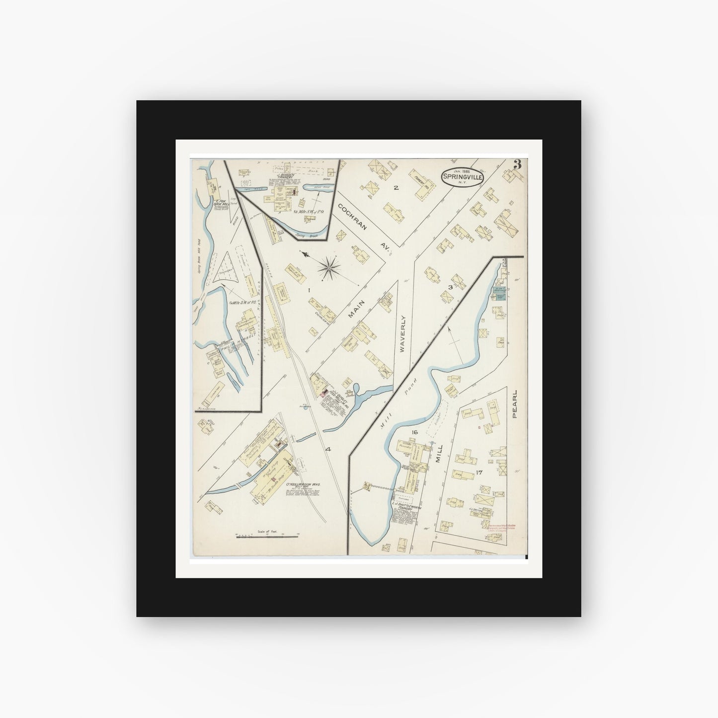 Old map wall art mockup — black gallery frame with white mat — Sanborn Fire Insurance Map from Springville, Erie County, New York (1886), Sheet #0003