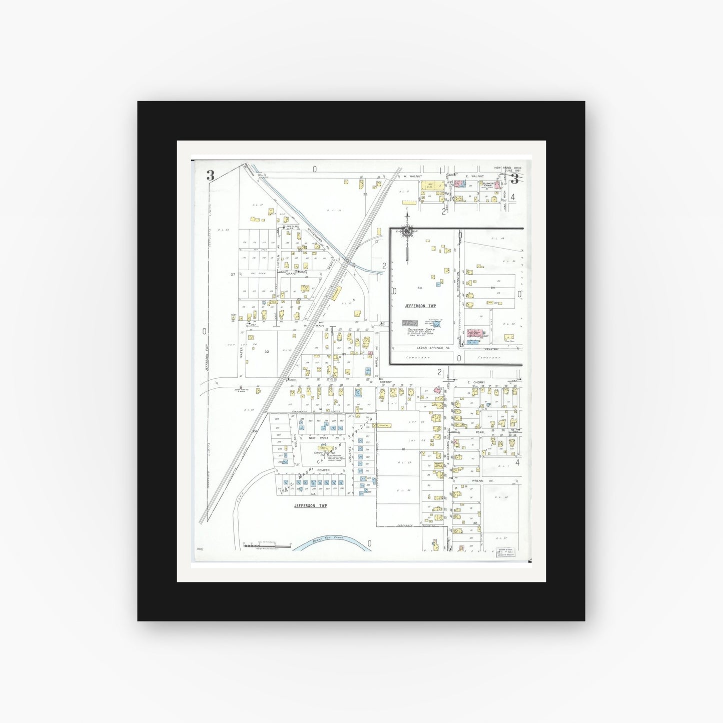 Old map wall art mockup — black gallery frame with white mat — Sanborn Fire Insurance Map from New Paris, Preble County, Ohio (1951), Sheet #0003
