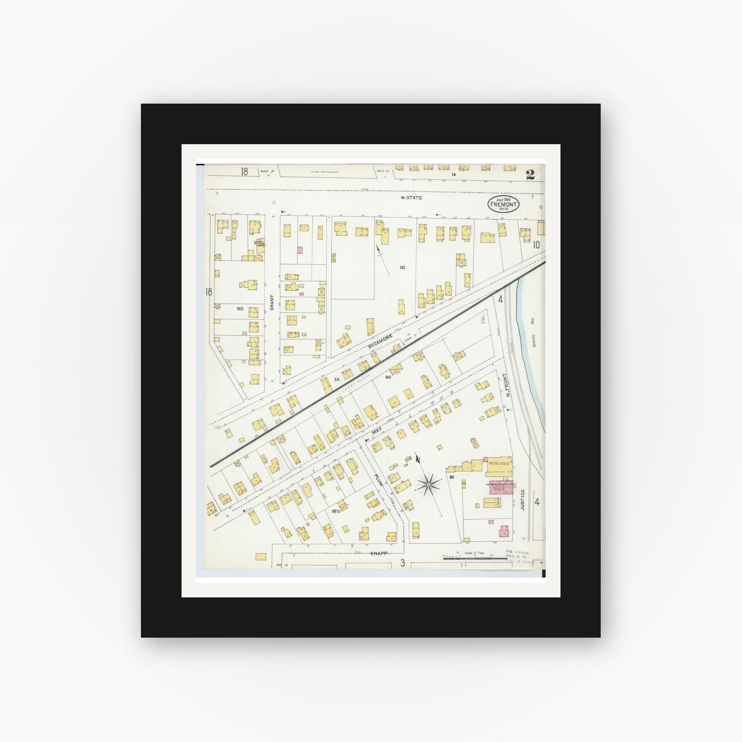 Old map wall art mockup — black gallery frame with white mat — Sanborn Fire Insurance Map from Fremont, Sandusky County, Ohio (1904), Sheet #0002