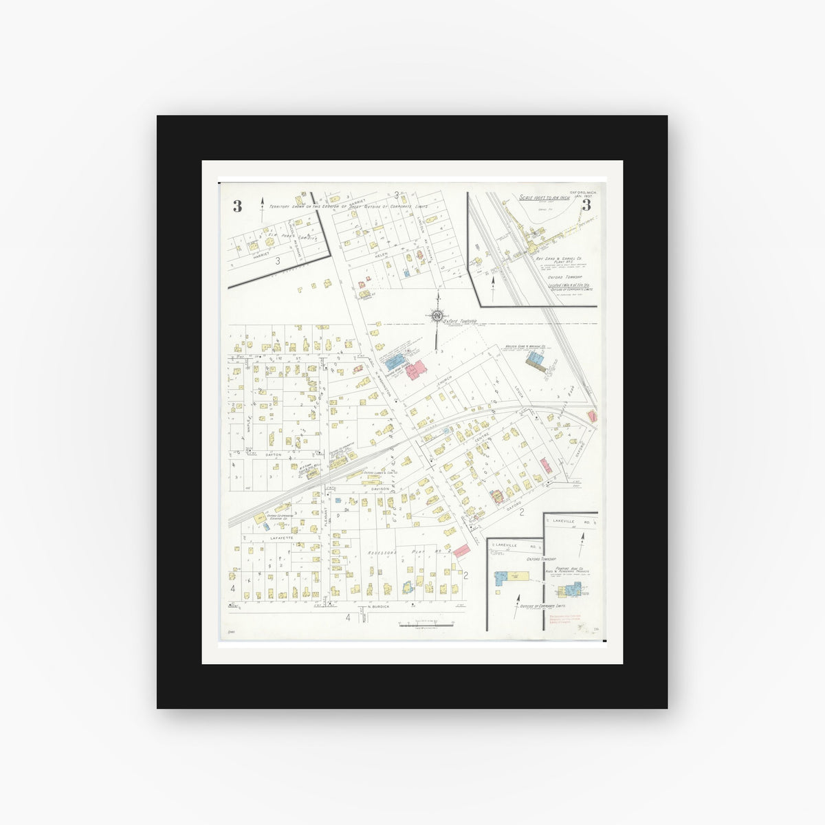 Old map wall art mockup — black gallery frame with white mat — Sanborn Fire Insurance Map from Oxford, Oakland County, Michigan (1937), Sheet #0003