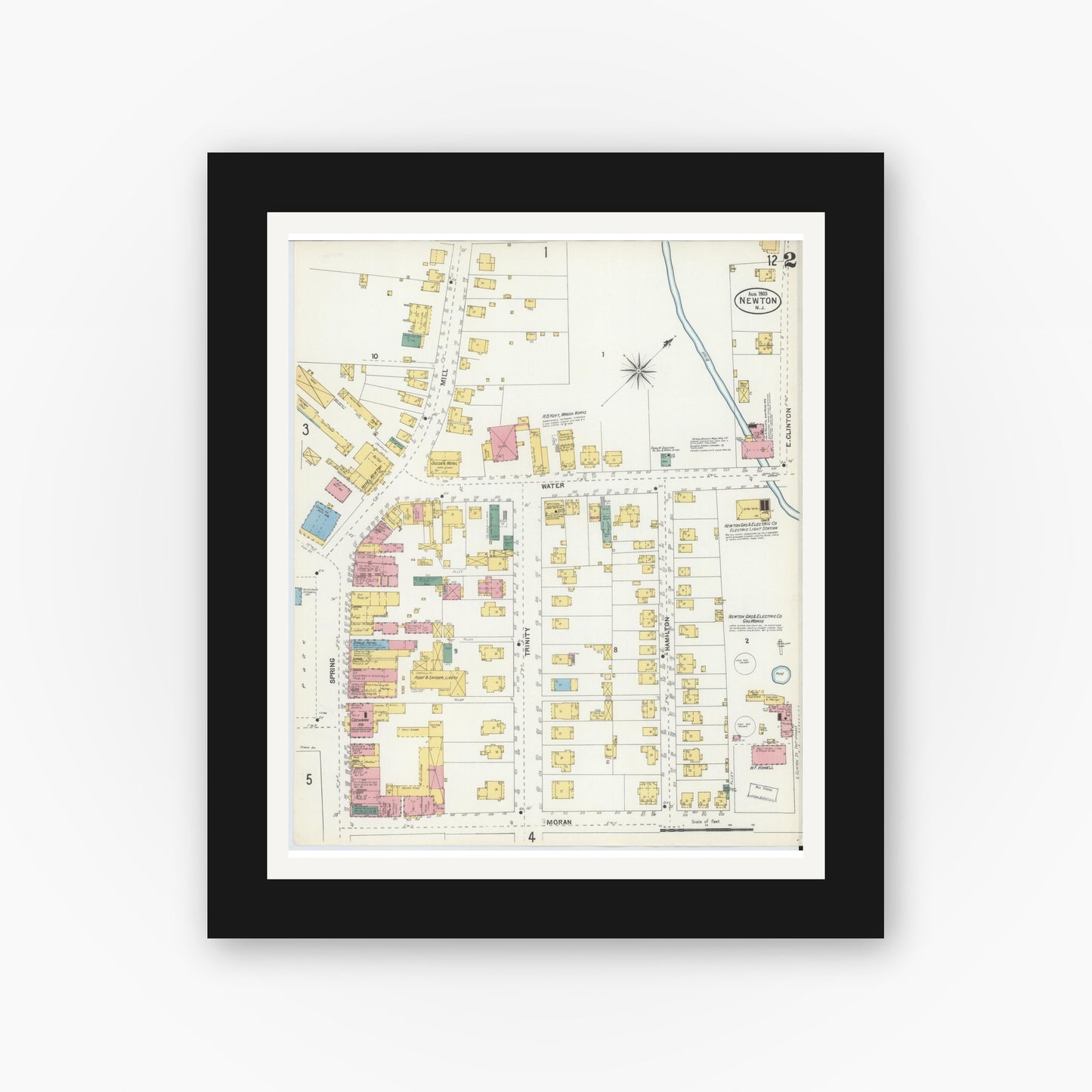 Old map wall art mockup — black gallery frame with white mat — Sanborn Fire Insurance Map from Newton, Sussex County, New Jersey (1903), Sheet #0002