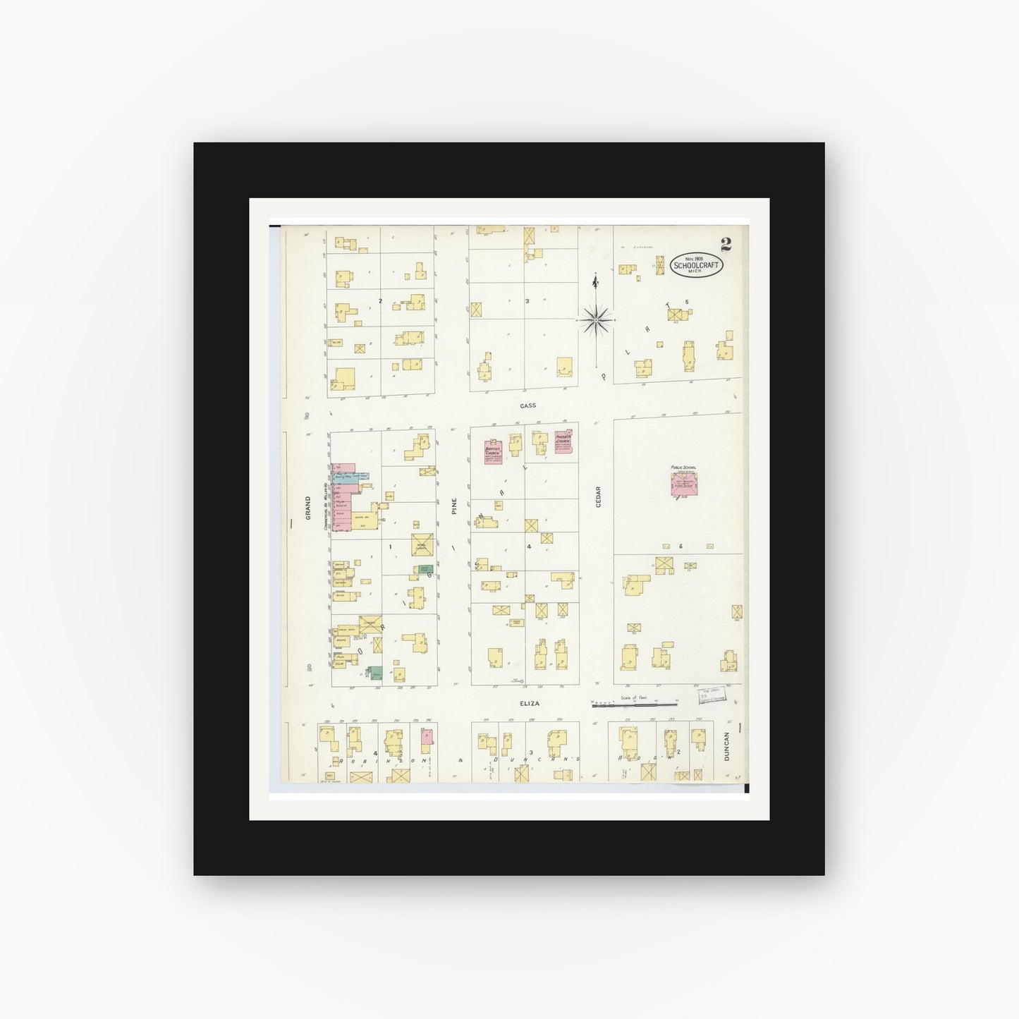 Old map wall art mockup — black gallery frame with white mat — Sanborn Fire Insurance Map from Schoolcraft, Kalamazoo County, Michigan (1908), Sheet #0002