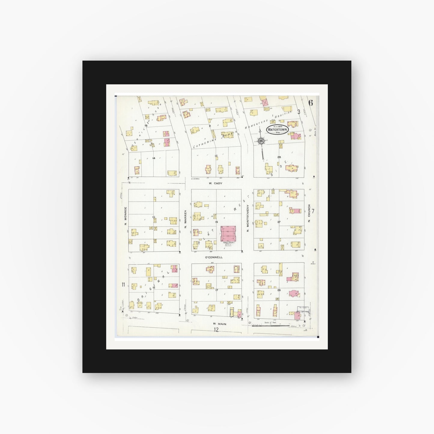 Old map wall art mockup — black gallery frame with white mat — Sanborn Fire Insurance Map from Watertown, Jefferson County, Wisconsin (1909), Sheet #0006