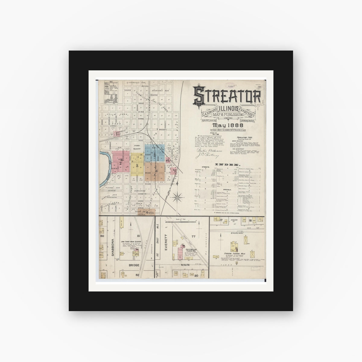 Old map wall art mockup — black gallery frame with white mat — Sanborn Fire Insurance Map from Streator, La Salle County, Illinois (1888) - Complete Map Set