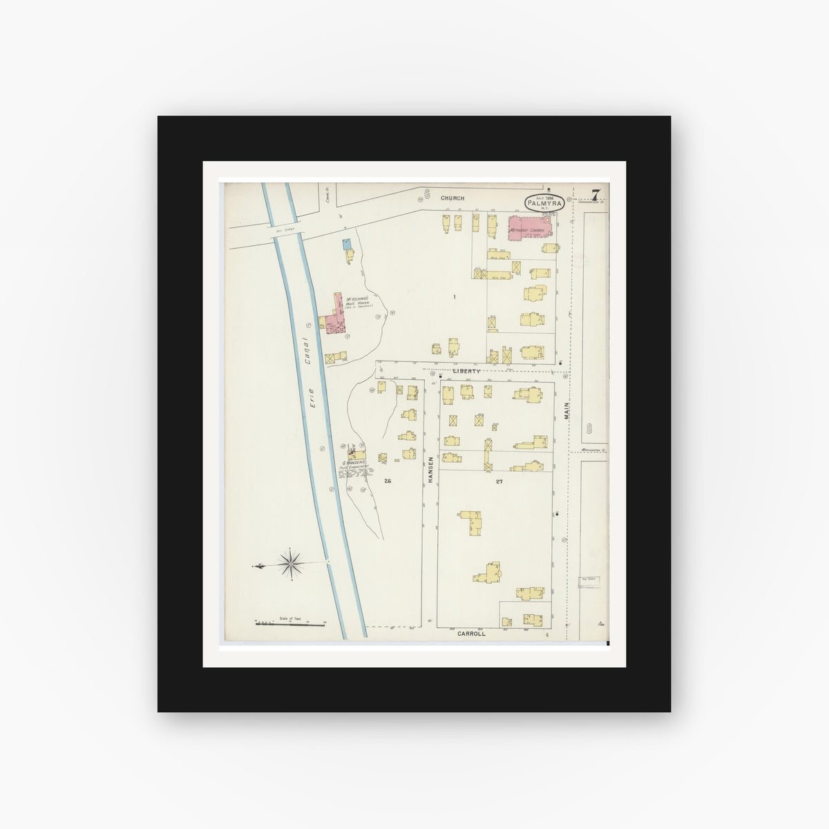 Old map wall art mockup — black gallery frame with white mat — Sanborn Fire Insurance Map from Palmyra, Wayne County, New York (1894), Sheet #0007