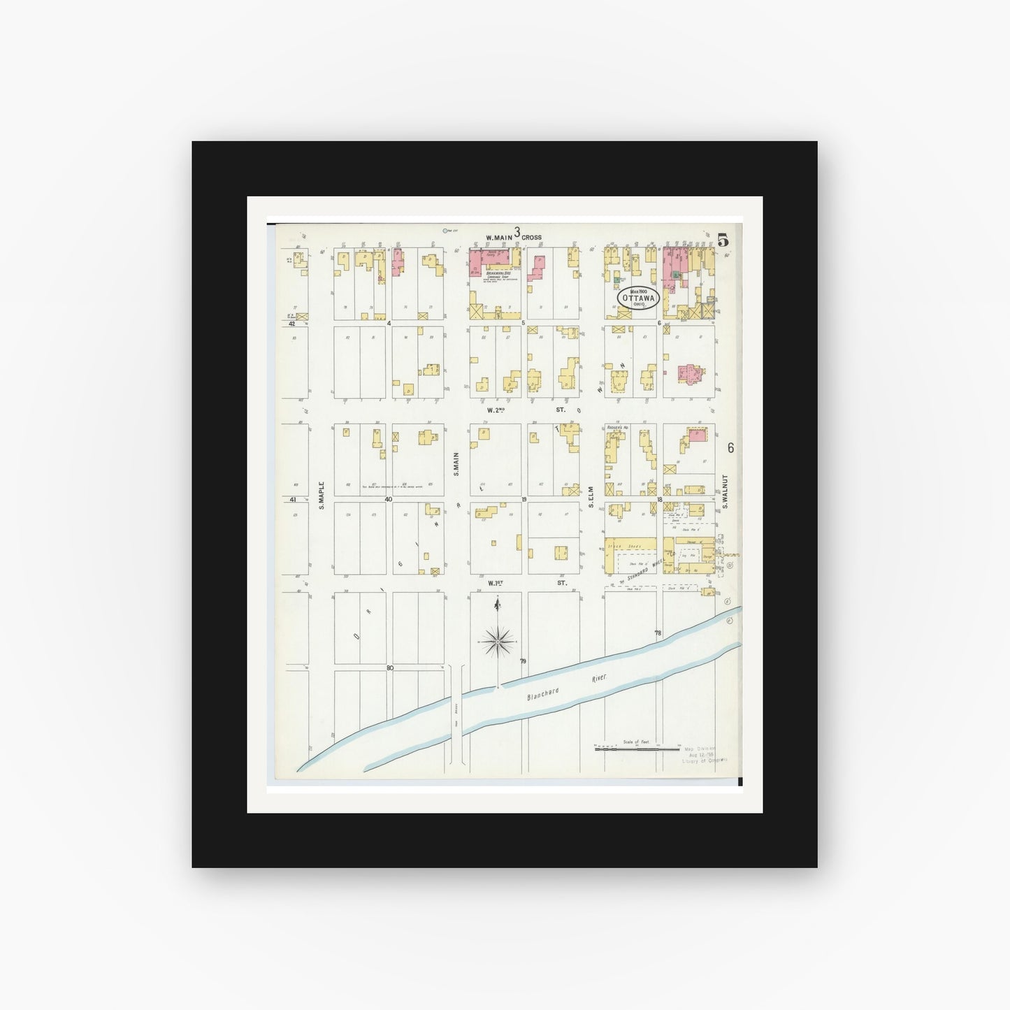 Old map wall art mockup — black gallery frame with white mat — Sanborn Fire Insurance Map from Ottawa, Putnam County, Ohio (1900), Sheet #0005