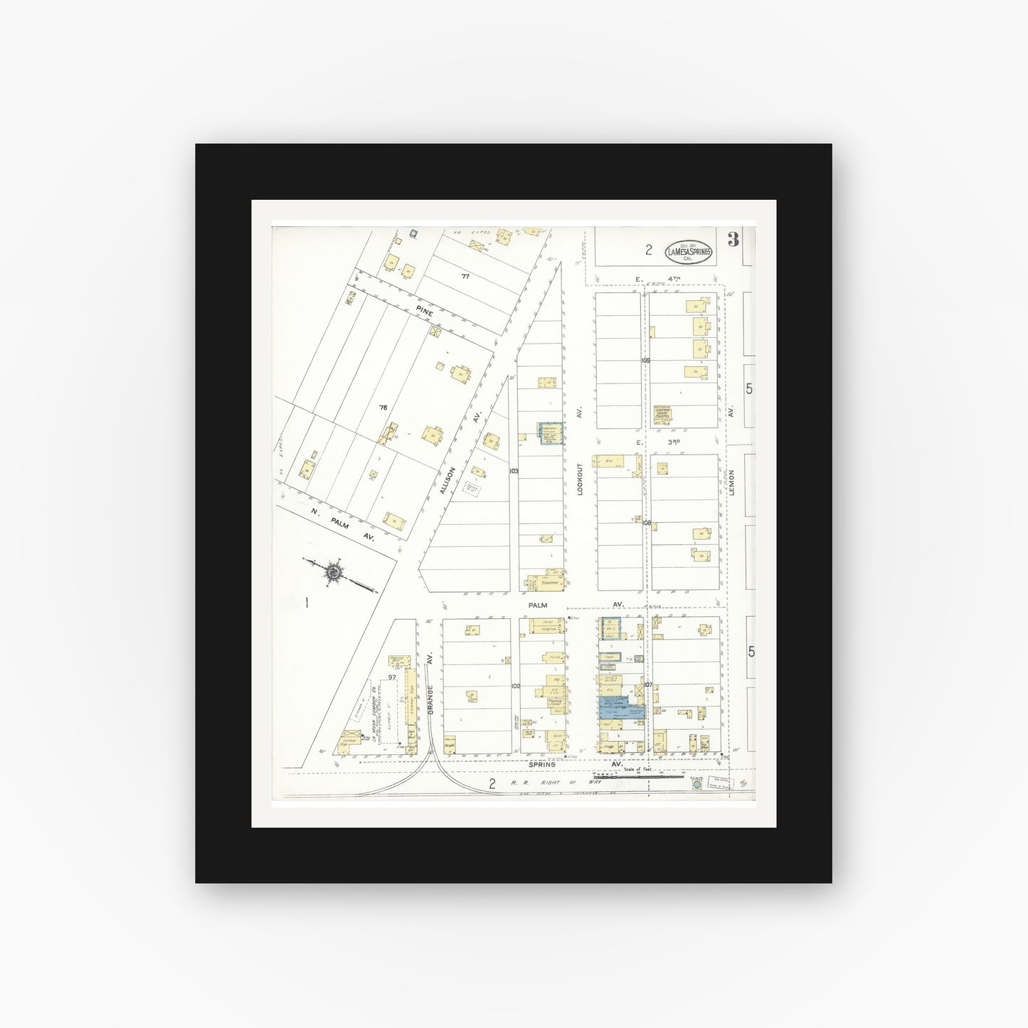 Old map wall art mockup — black gallery frame with white mat — Sanborn Fire Insurance Map from La Mesa, San Diego County, California (1911), Sheet #0003