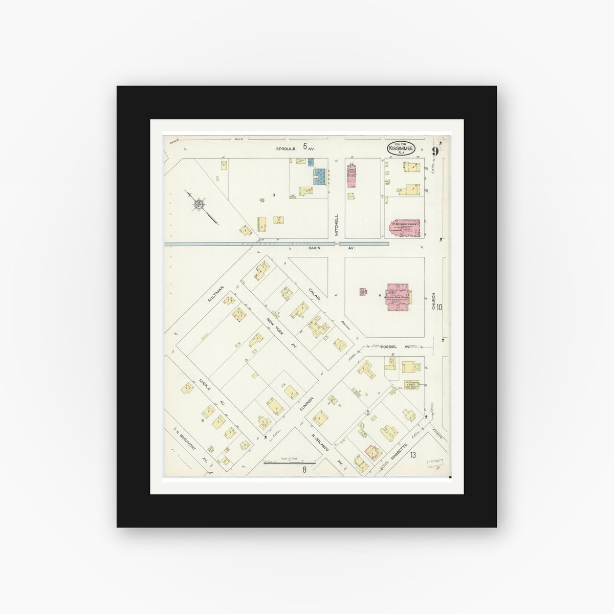 Old map wall art mockup — black gallery frame with white mat — Sanborn Fire Insurance Map from Kissimmee, Osceola County, Florida (1914), Sheet #0009
