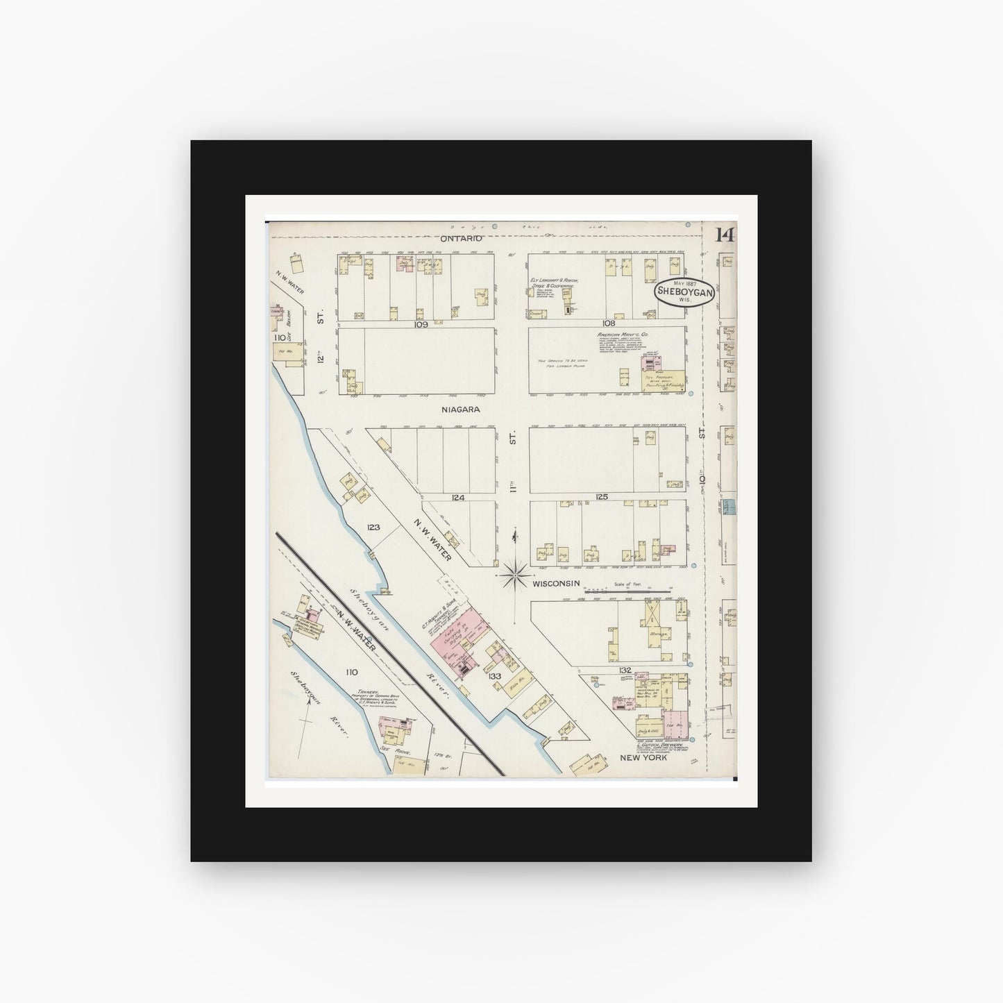 Old map wall art mockup — black gallery frame with white mat — Sanborn Fire Insurance Map from Sheboygan, Sheboygan County, Wisconsin (1887), Sheet #0014