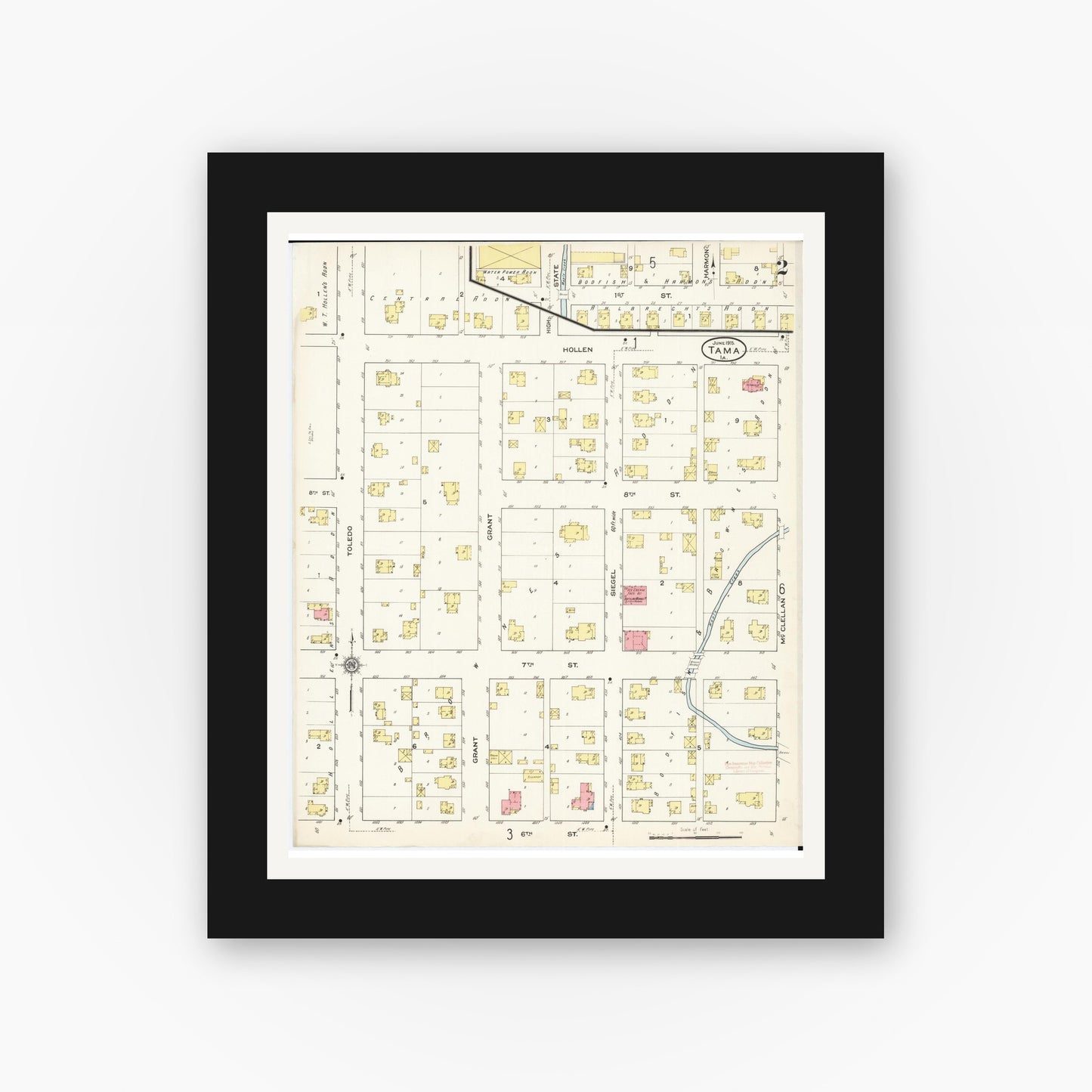 Old map wall art mockup β black gallery frame with white mat β Sanborn Fire Insurance Map from Tama, Tama County, Iowa (1915), Sheet #0002