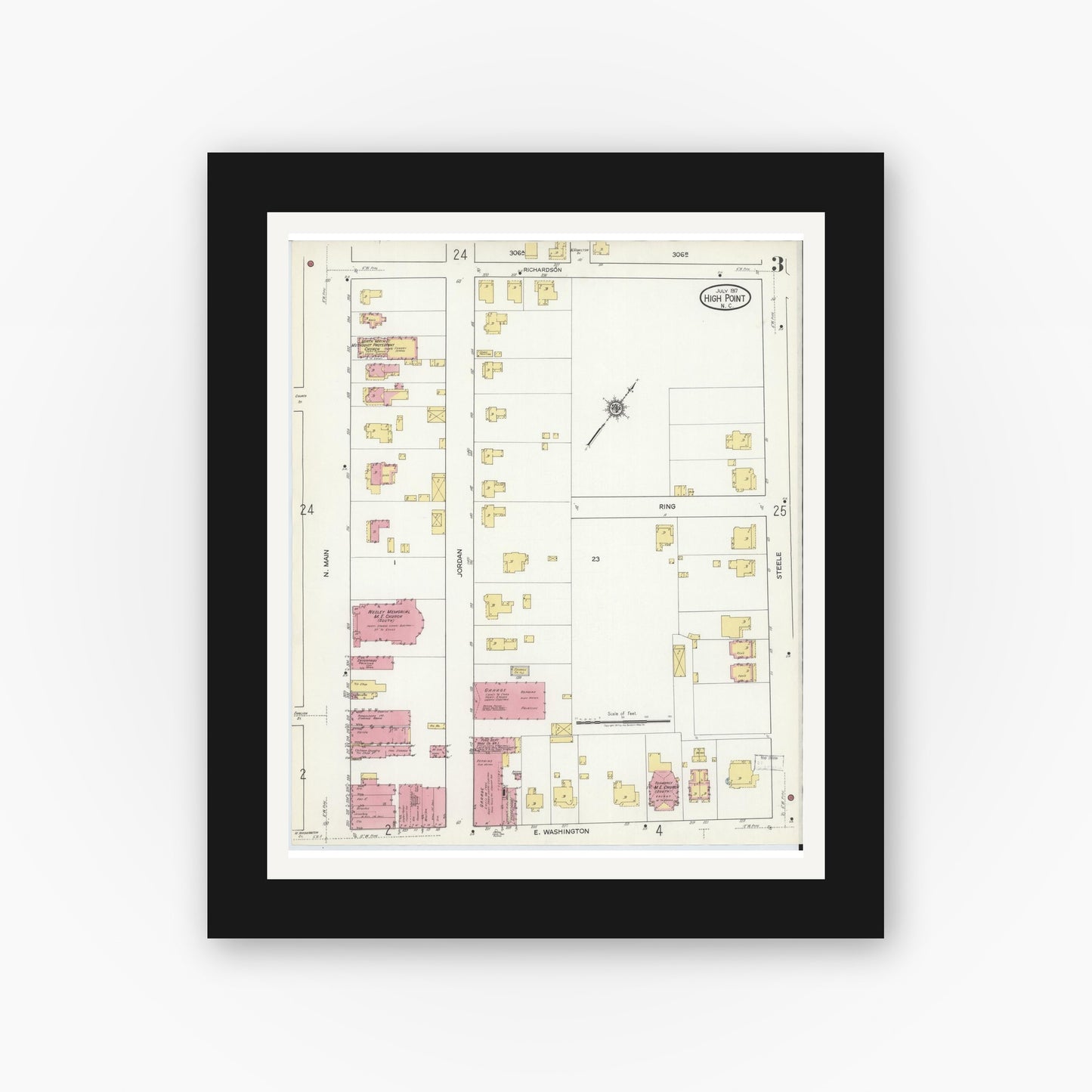 Old map wall art mockup — black gallery frame with white mat — Sanborn Fire Insurance Map from High Point, Guilford County, North Carolina (1917), Sheet #0003