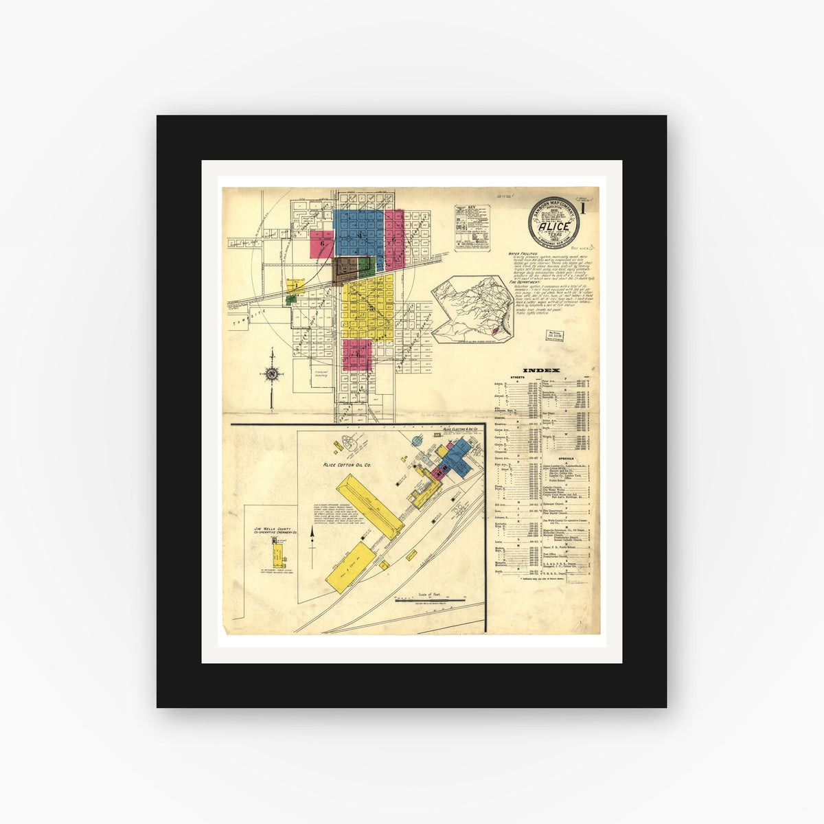 Old map wall art mockup — black gallery frame with white mat — Sanborn Fire Insurance Map from Alice, Jim Wells County, Texas (1922), Sheet #0001