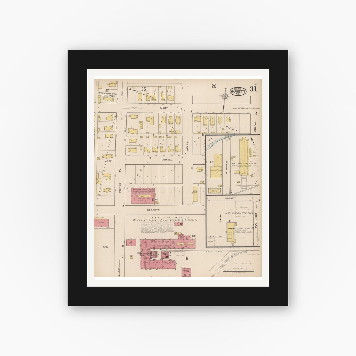 Old map wall art mockup — black gallery frame with white mat — Sanborn Fire Insurance Map from Marinette, Marinette County, Wisconsin (1921), Sheet #0031