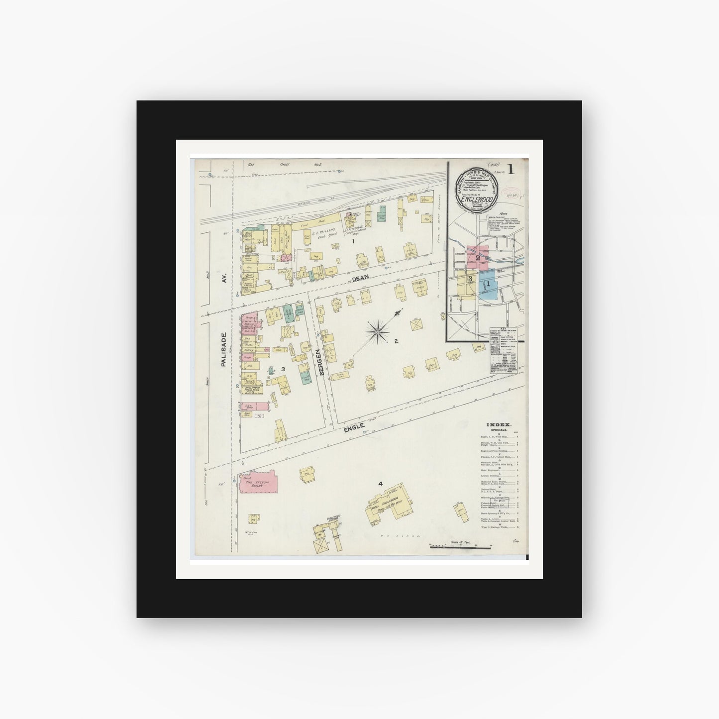 Old map wall art mockup — black gallery frame with white mat — Sanborn Fire Insurance Map from Englewood, Bergen County, New Jersey (1890) - Complete Map Set