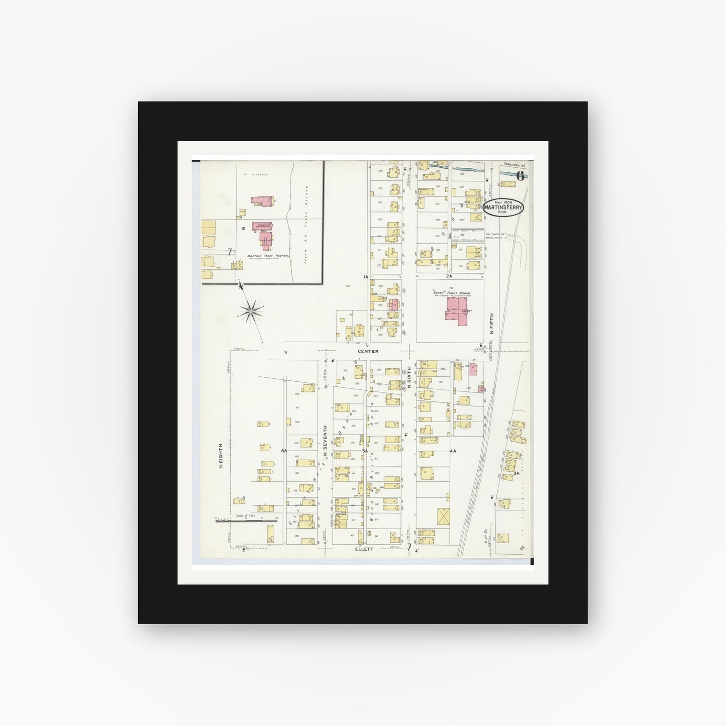 Old map wall art mockup — black gallery frame with white mat — Sanborn Fire Insurance Map from Martins Ferry, Belmont County, Ohio (1908), Sheet #0006