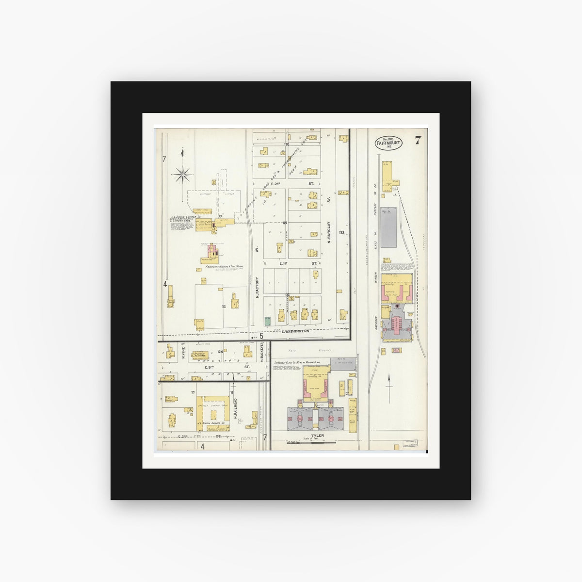 Old map wall art mockup — black gallery frame with white mat — Sanborn Fire Insurance Map from Fairmount, Grant County, Indiana (1902), Sheet #0007