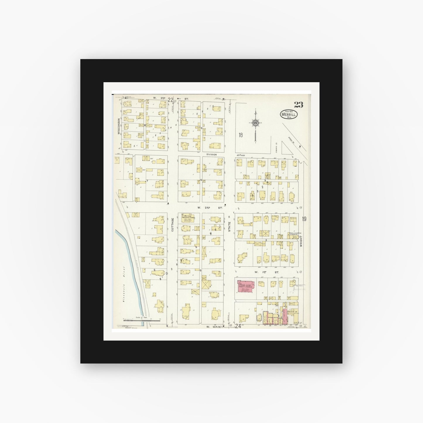 Old map wall art mockup — black gallery frame with white mat — Sanborn Fire Insurance Map from Merrill, Lincoln County, Wisconsin (1913), Sheet #0023